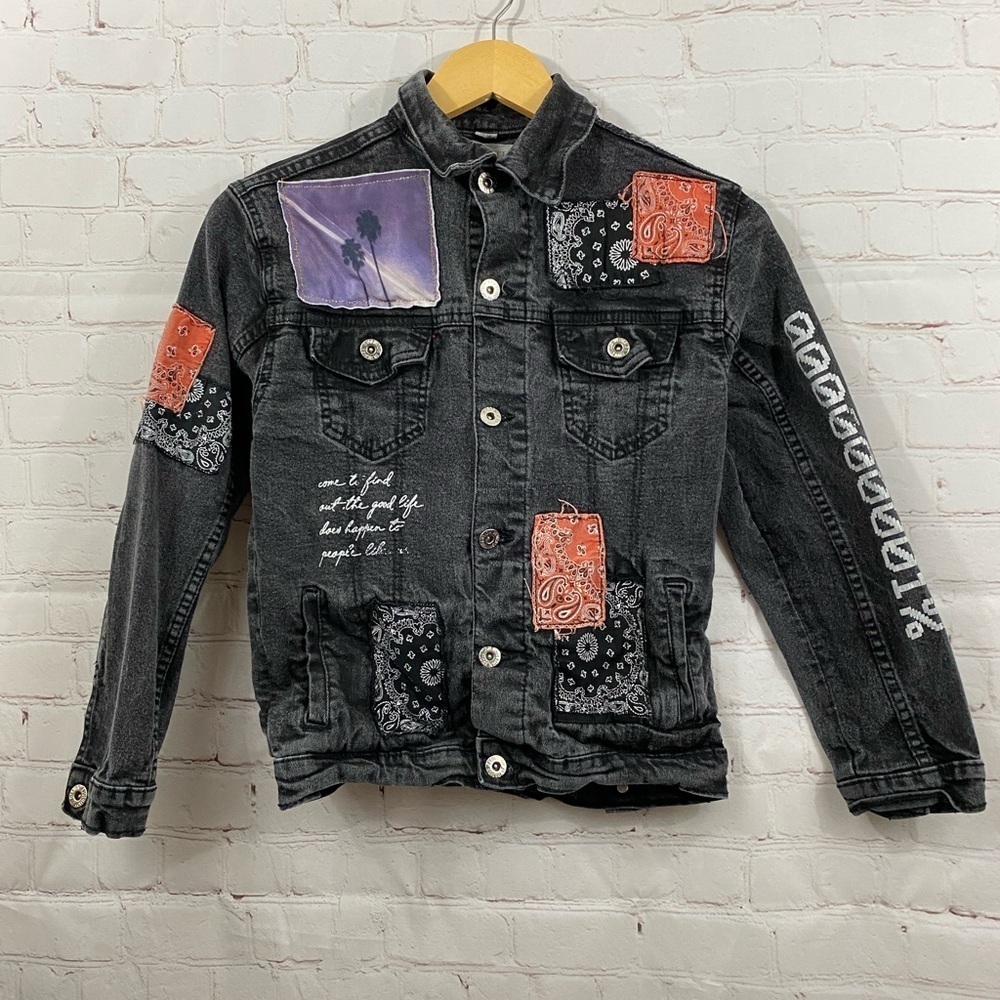Evolution In Design Girls Size Medium 10/12 Black Denim Patchwork Jacket